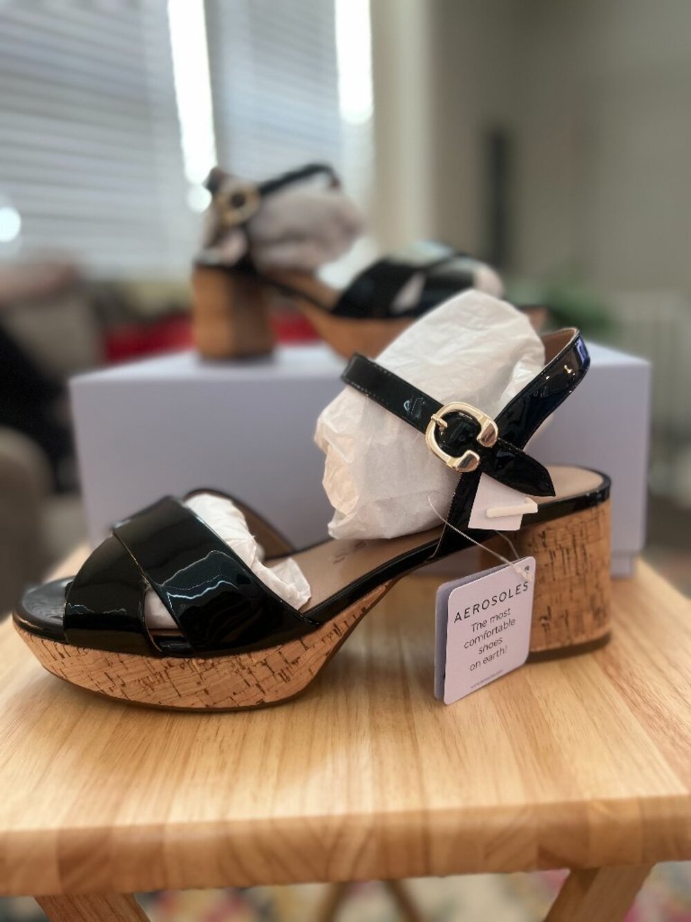 Aerosoles Cosmos Black Patent Cork Heel Sandals Size 10M NWT